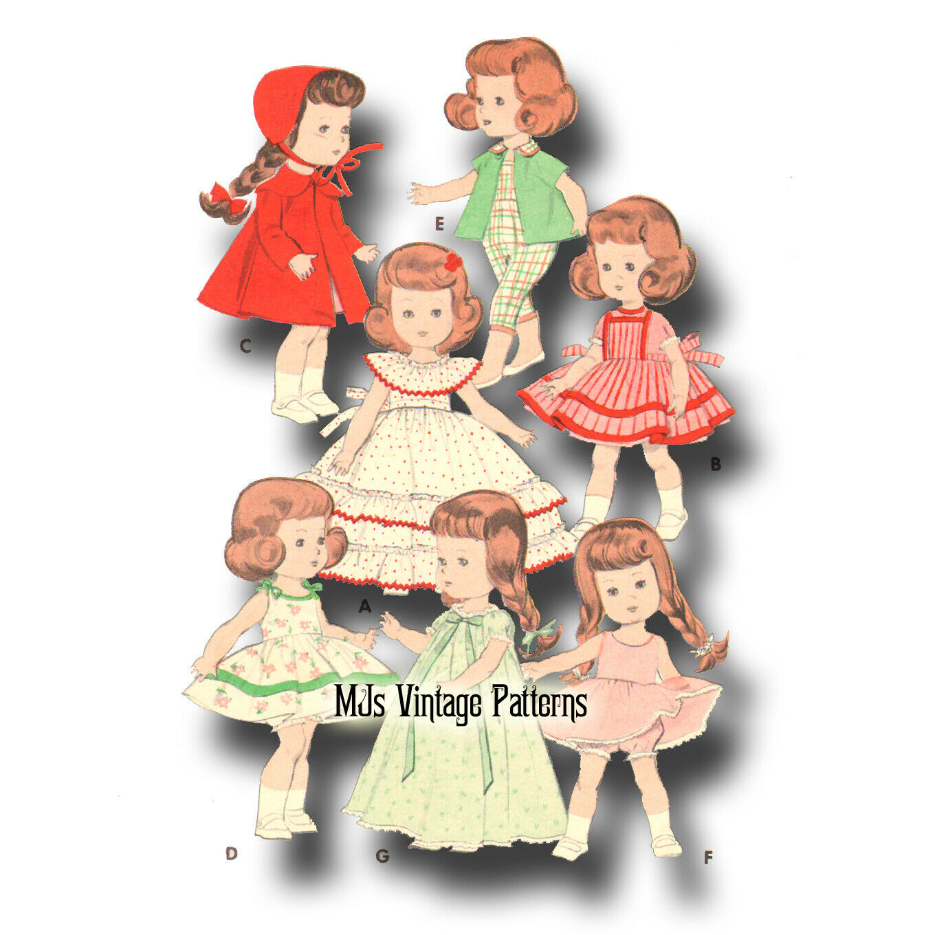 Vtg 50s 8" Ginny, Wendy Doll Clothes Dress Pattern ~ Dress, Coat, Hat, Nightgown