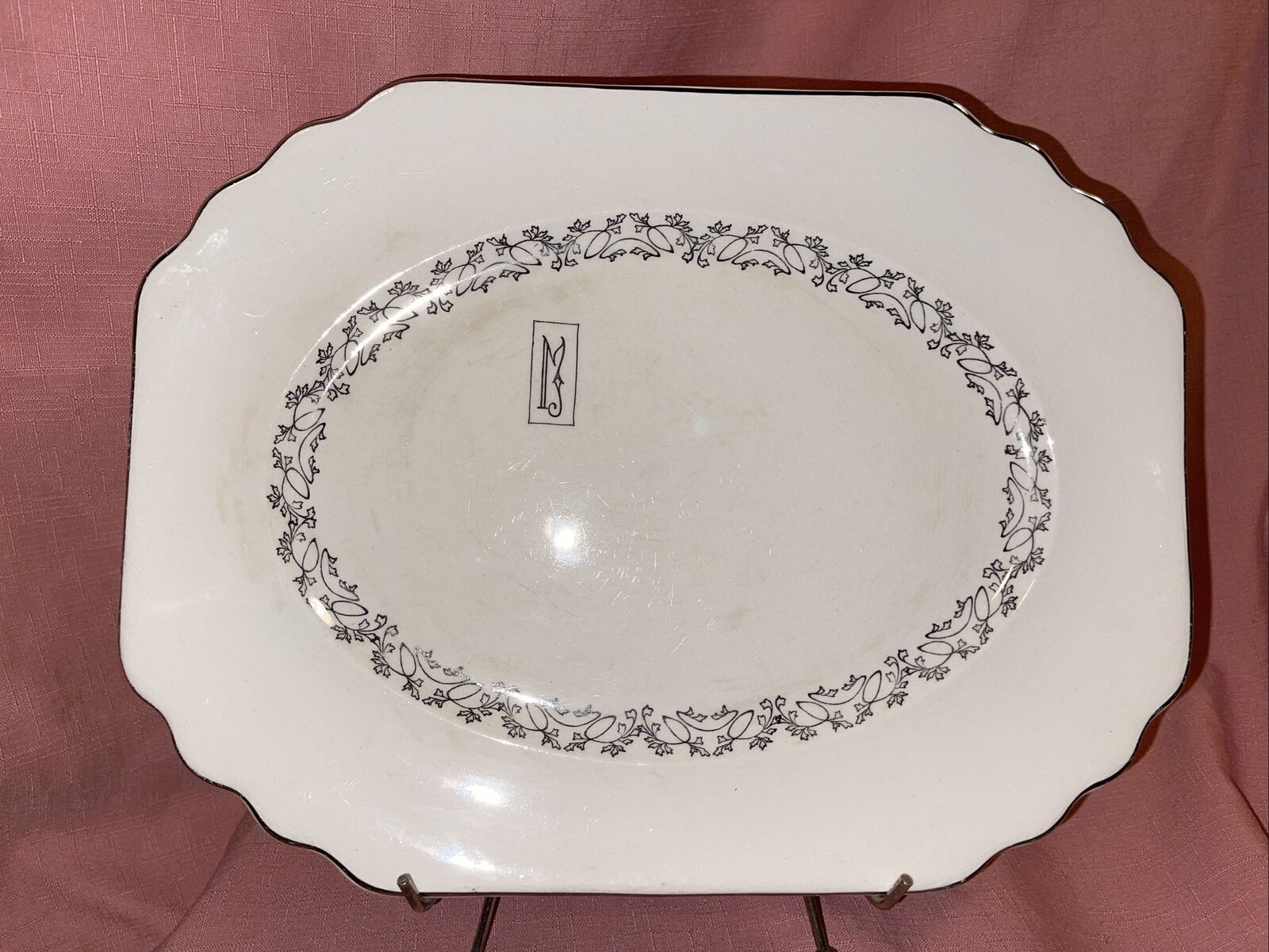 Limoges American Serving Platter Imperial Platinum Pattern Monogrammed Sebring