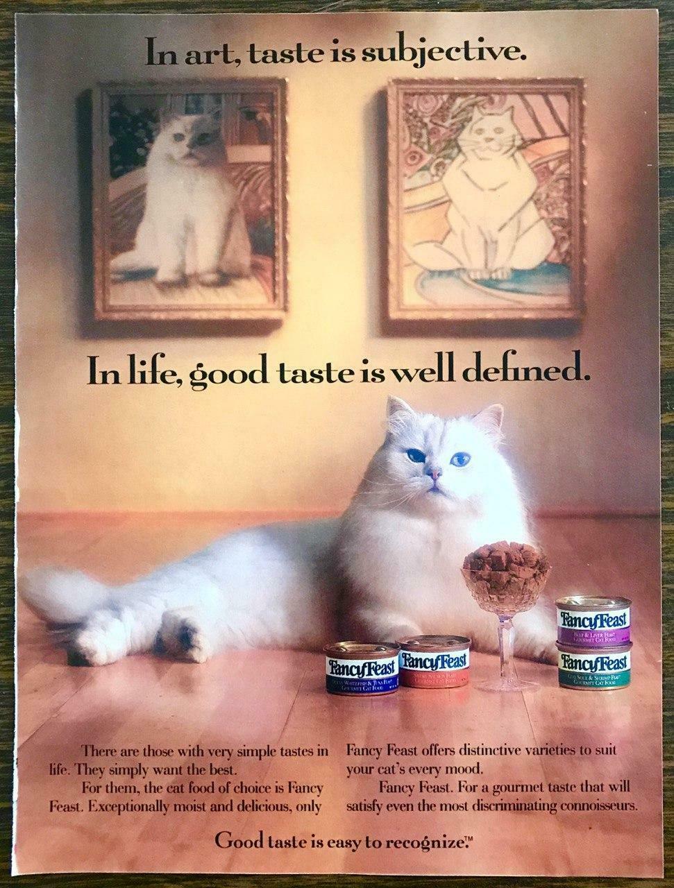 1992 Fancy Feast Cat Food Print Ad In Art Taste Is Subjective White Kitty